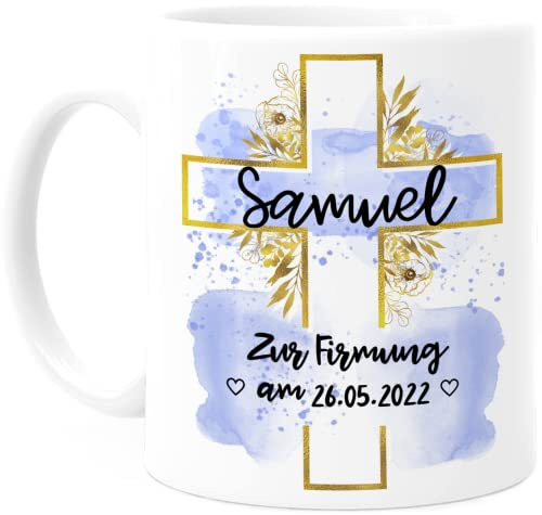 Tassenliebling® Firmung Tasse personalisiert mit Datum und Namen für Mädchen und Jungen - Weiß - Beidseitiger Druck - Christliche Geschenke zur Firmung