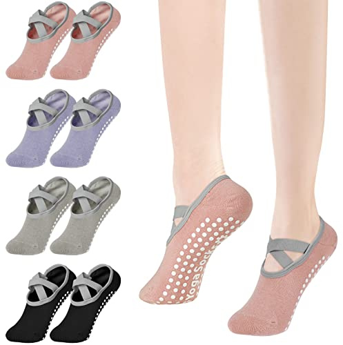 flintronic yogastrumpor, halkfria strumpor, halkfria strumpor, sport för yoga, barer, pilates, dans, barfota, studsmatta, hem, sjukhus för kvinnor och män, Svart + grå + rosa + lila – 4 par, S-L