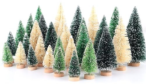 30 Pcs Bottle Brush Trees, Miniature Christmas Tree, Mini Christmas Tree 1.8/2.6/3.4/3.9/4.7 Inch, Christmas Decorations Indoor (GrassGreen+Green+White)