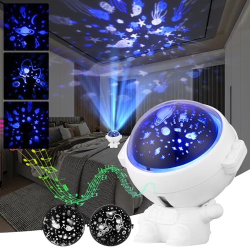 Proiettore Stelle Soffitto Bambini, Proiettore Astronauta con Rotazione a 360° Luce Notturna con 8 Musica 3 Temi di Proiezione 4 Modalità di Illuminazione Proiezione Stella Luce Notturna per Bambini