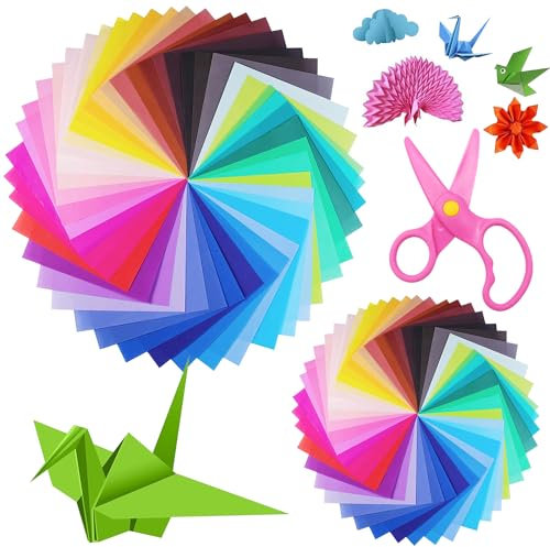 Origami Papier 200 Blätter mit Kinderschere 20 x 20cm, 15 x 15cm Doppelseitig Bastelpapier 70g/m² Buntes Faltpapier Quadratisch in 20 Farben für DIY Origami und Bastelprojekte