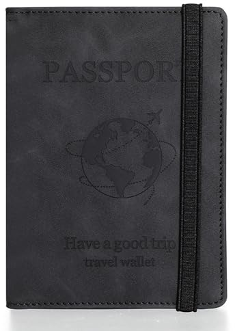 JIEOU Passport Holder Cover Case，PU Leather Passport Protector， Travel Wallet for Women Men (Black)