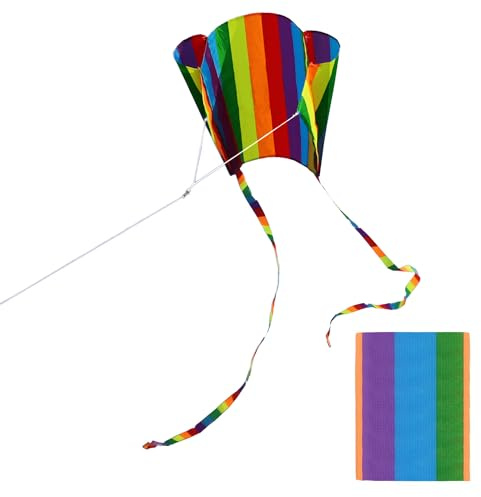 Regenbogen Drachen, Bunter Kinder Drachen mit Zwei Langen fließenden Schwänzen, Leicht zu Fliegender Drachens komplett mit Schnur, Ideal für Outdoor-Aktivitäten (Streifen)