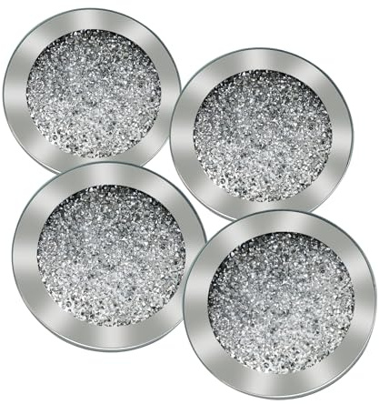 Anewsun Silver Glass Coasters for Drinks, Set of 4 Round Coaster Kitchen Decor, Glam Silver Coaster for Coffee Table Home Decor Bar Housewarming Gift