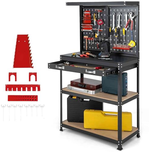 TANGZON Workbench with Pegboard, Metal Work Bench with Shelves, Topping Space, Hanging Accessories, Heavy Duty Work Table Tool Storage Bench for Workshop Warehouse (Black+Red, 81x41x156cm)