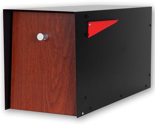 Ilyapa Post Mount Modern Mailbox - Black Exterior Powder Coated & Hydro Print Redwood Grain Printed Door, Letterbox with Recessed Magnetic Close Door