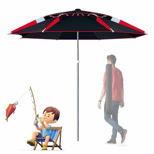 Strandschirm Mit Sandanker Sonnenschutzschirm Für Den Außenbereich 360° Neigbar Verstellbar Terrassenschirme UV-Schutz 200/220/240/260 Cm(Black red,200CM(6.5FT))