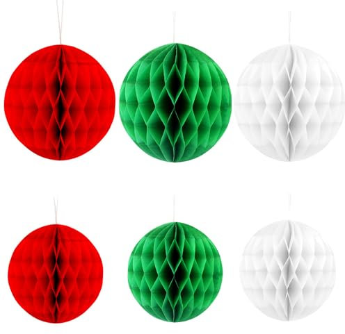 6 Pack Honeycomb Christmas Decorations, Old Retro Fashioned Hanging Honeycombs Decorations Vintage Paper Christmas Decorations Large Honeycombs Xmas Balls for Chains(Red green White)
