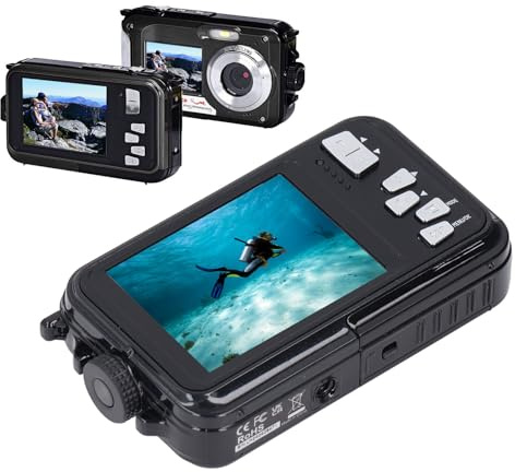 Unterwasserkamera, 2,7K 48MP 10FT wasserdichte Digitalkamera mit 2,8 Zoll IPS Bildschirm, 16 fachem Digitalzoom, Anti Shake, wasserdichte Dual Screen Kamera Zum Tauchen