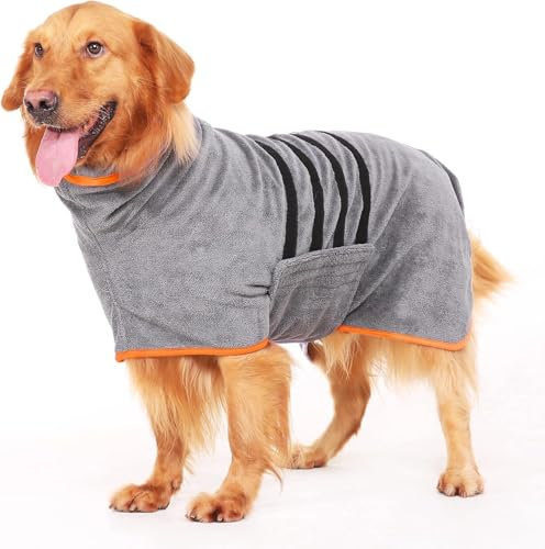 HezzLuv Microfiber Dog Drying Coat – Super Absorbent & Quick-Drying Dog Robe – Adjustable Fit for Medium to Large Dogs – Ideal for Bath, Swim & Wet Walks(Orange, S)