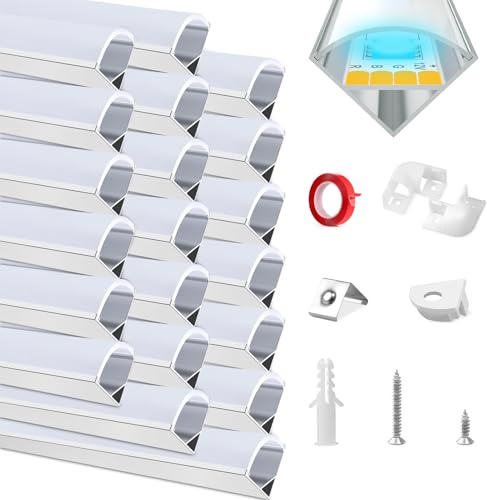 HOMMAND LED Profil, LED Aluminium Profil V-Form 20m, LED Leisten in Aluprofil mit Eckverbinder, Klebstoff, Endkappen und Montageclips, LED Streifen Kanal und Diffusor, LED Kanal 20 x 1m/3,3ft