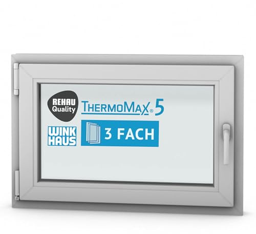 ThermoMax 5 Classic Kunststoff-Fenster, Uw-Wert 1,2, BxH: 90x60cm / 900x600mm, DIN links (Griff rechts), mit 3-fach Wärme-Isolier-Verglasung, Winkhaus Sicherheitssystem & Rehau Profil