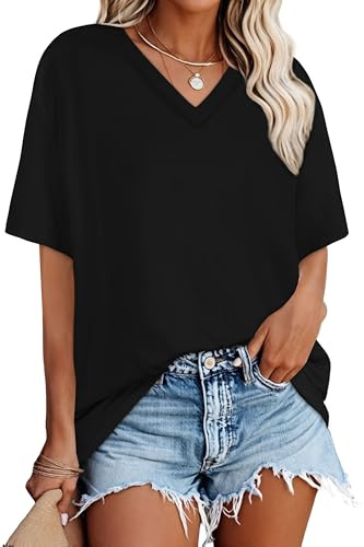 florynova Oversized T Shirts for Women V Neck Summer Tops(Black,3XL)