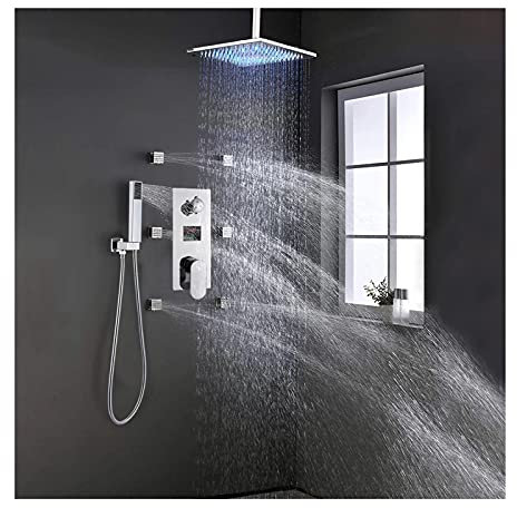 Chrome Shower Jets System, Luxury Brass Shower Body Sprays Systems Ceiling Shower Combo Set with 6 Body Sprays and Handshower,10inch