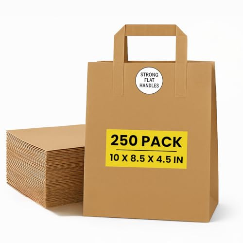 Brown Kraft Paper Bags with Handles – 250 Medium Recyclable Biodegradable SOS Carrier Bag (10 x 8.5 x 4.5) | Eco-Friendly, Strong Takeaway, Grocery, Shopping, Lunch, Party & Gift Bags for Catering