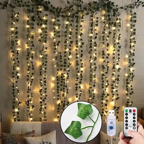SUAVER Efeu Künstlich Lichterkette Efeugirlande USB betrieben,3x2m Garten Dekoration Hängend Efeu mit 200LED-Licht Vorhang Led für Hochzeit Büro Garten Party Wanddekoration (Warmweiß)