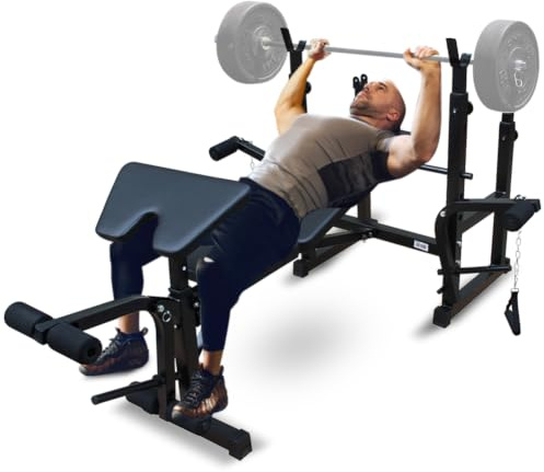 SPORTINATOR Iphikles Deluxe Multifunktion Hantelbank | Verstellbare Trainingsbank mit Langhantelablage, Curlpult & Beintrainer | Robuste Konstruktion für effektives Ganzkörpertraining