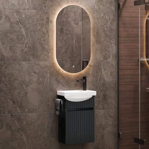 Planetmöbel Waschbecken mit Unterschrank 40 cm | Keramikwaschbecken und Badspiegel mit Beleuchtung oval, Gäste WC Badmöbel Set, anthrazit matt