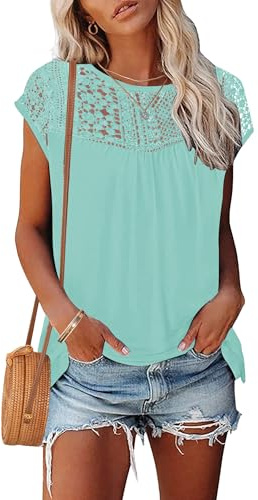 WNEEDU Maglietta Donna Manica Corta Estiva Camicia Pizzo Elegante Blusa | Gola rotonda t shirt