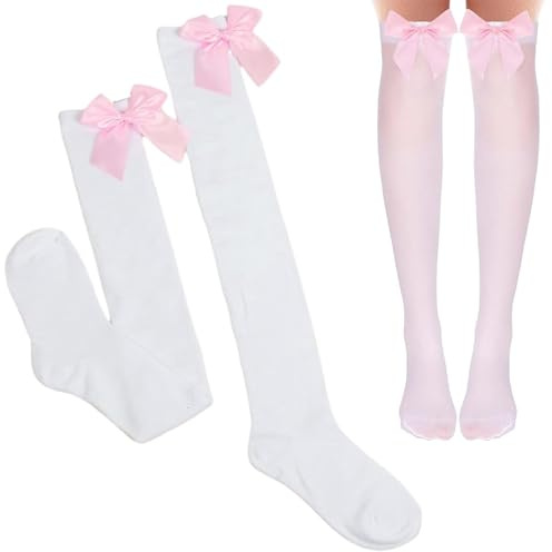 Bangbobi Calze sopra Il Ginocchio con Fiocco in Raso Bianco da Donna con Fiocco - 2 Paia, Alte Fino alla Coscia, Alte Fino al Ginocchio per Donna - Perfette per Feste e Cosplay