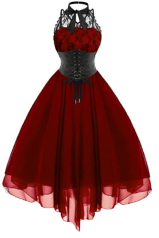 VDDTAGAM Retro - Vestido de tirantes para mujer, largo con dobladillo asimétrico, una línea victoriana Steampunk gótico medieval, disfraz de Halloween, disfraz para mujer, mini noche, vestidos punk