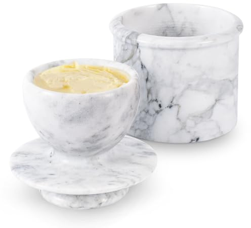 Flexzion Mantequera de mármol con tapa – Mantequilla francesa de cerámica para mostrador con línea de agua para cocina, decoración del hogar y regalo de inauguración de la casa, gris