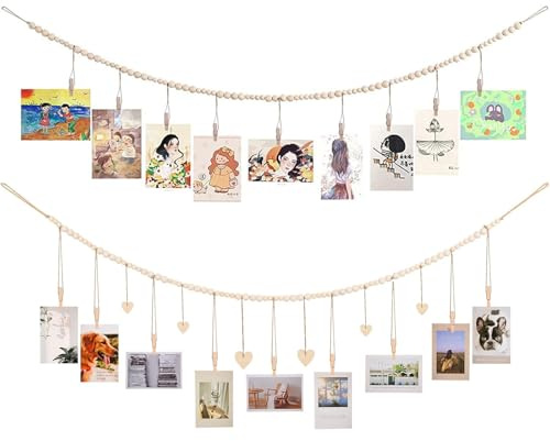 ZODKSNO 2pcs Hanging Photo Display, Photo Wall Display with 18 Wood Clips and Heart Boho Photo Hanging Rope with Wooden Beads for Bedroom Office Party Deco