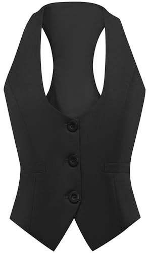 Foucome Women's Waistcoats Fully Lined 3 Button V-Neck Work Office Ladies Waistcoat Racerback Formal Waist Coat Black, L