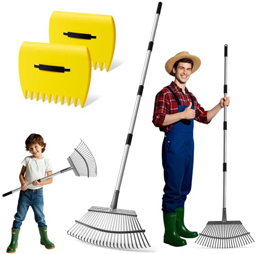 2-in-1 Leaf Rake Set with Leaf Scoops, 25-Tine Garden Rake and Grabber for Leaf Cleanup & Picker Up, Adjustable Long Handle, Wide Metal Head for Garden‌, Yard, Soil, Weeds‌, Grass, Camping