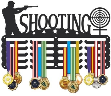 SUPERDANT Porta Medaglie da Tiro Shooting And Stars 5 Fila 20 Ganci Organizzatore per Premi Medaglia Sportive Espositore per Medaglie da Gara Montato A Parete 40x25cm