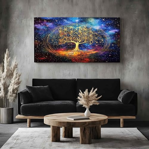 ZORYAN Quadro Moderno per Soggiorno Albero Della Vita Psichedelico Stampe da Parete Grandi Geometria Sacra Stampe su Tela Galassia Spirituale Decorazioni per Camera da Letto Senza Cornice 70x140 cm