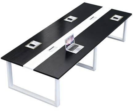 Ampio tavolo da conferenza con gestione dei cavi, tavolo da riunione rettangolare per ufficio con piano in legno e struttura in metallo, perfetto per sale riunioni, seminari e spazi di formazione