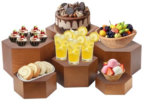 RETON 6 PCS Buffet Risers, Wood Food Risers for Buffet Table, Hexagon Display Stand Set with Hollow Bottoms, Cube Boxes for Cake Catering Dessert Party Jewelry (5.1, 5.9, 6.7, 7.5, 8.3'', 9'')