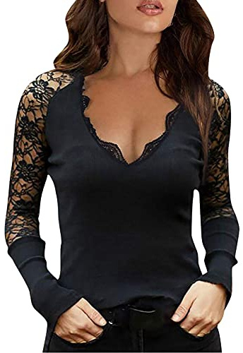 Blusar damer långärmad tröja v-ringad toppar sexig spets lapptäcke skjorta lätt t-shirt enfärgad chiffong skjorta lös tunika toppar långärmad skjorta damer sexig axellös