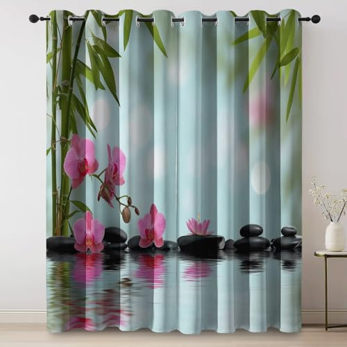 Colorato Tenda Oscurante Con Occhielli, Motivo Stampati Stile Zen Bambù Orchidea Ciottoli Tende Oscuranti Per Interni Termiche Finestre Camera Da Letto E Soggiorno, L140 × A245 cm