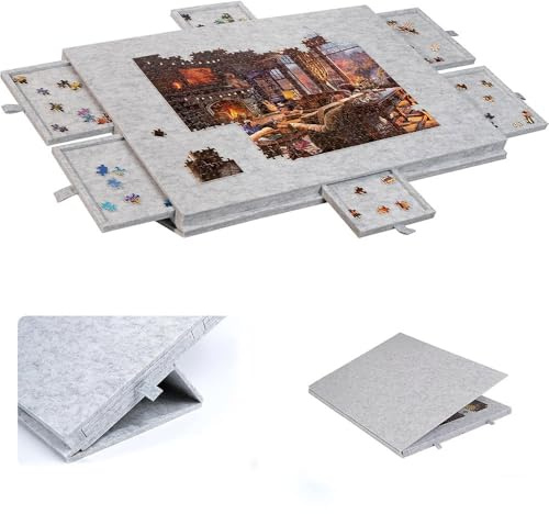 Ccarzzi Tilting Jigsaw Puzzle Board, Foldable Puzzle Board with 2-in-1 Designed Stand & Cover, Lightweight Felt Jigsaw Board with 6 drawers, Up to 1000 Pieces(Silver Gray)