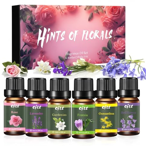 Shyllin Set di Oli Essenziali,6X10ml, Lavanda, Rosa, Gardenia, Mughetto, Osmanto, Fresia,Set Regalo di Oli Aromaterapici, Adatto per Diffusori, Umidificatori e Candele Fai da Te (Fiori)