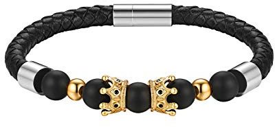 JewelryWe Paar Armband aus Leder, King & Queen Krone Crown Achat Perlen Pärchen Couple Lederarmband Armreif Manschette, Rosegold Gold Silber Schwarz