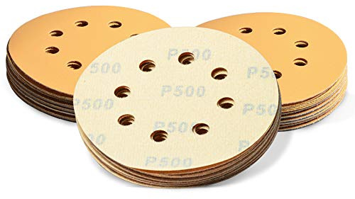 SPEEDWOX 50 Pcs 5 Inches 8 Hole Sanding Discs 500 Grit Dustless Hook and Loop Sandpaper for Random Orbital Sander Yellow Finishing Discs for Automotive Woodworking