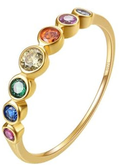 E Jewelry Rainbow Anniversary Eternity Ring für Frauen, Trauringe, Zirkonia 925er Sterling Silber Ring, 14K vergoldeter Damen Regenbogenring 52 (16,5)