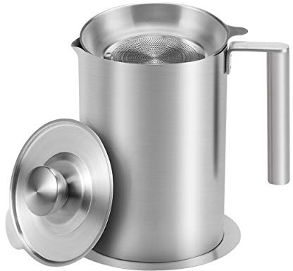 Sumerflos 1.8 L/1.9 Quart Stainless Steel Grease Strainer and Container - Large Oil Storage Pot Grease Keeper with Dust-Proof Lid & Easy Grip Handle - for Bacon, Kitchen Cooking or Frying Oil