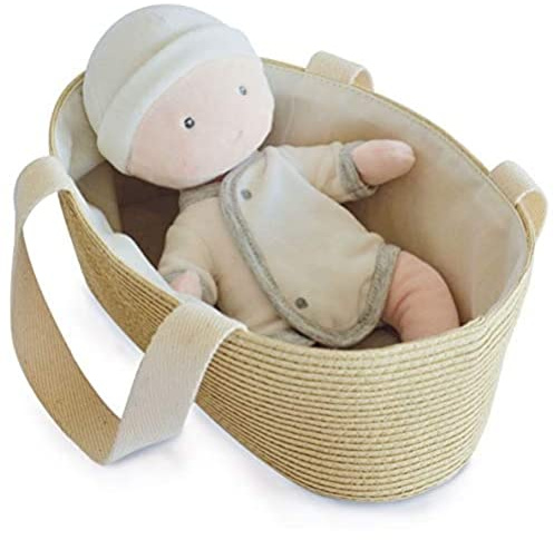 Jolijou - Poupon Chiffon avec Couffin - Pouppn Tissu avec Body Amovible - 28 cm - Blanc/Gris - Mon Premier Poupon - DC3626