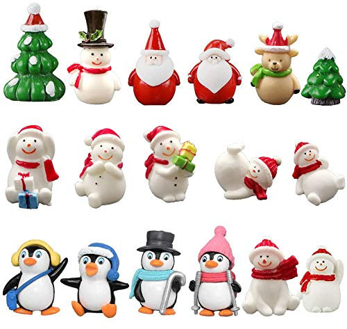 Jenich 17 Stück Miniatur Ornamente - Mini Weihnachten, Kleine Figuren, Harz Garten, Micro Landschaft, Deko, Puppenhaus, Weihnachtsmann, Schneemann, Elch, Tischdeko, DIY