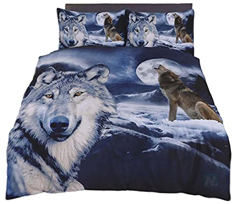 Northern Luxe NORTHERNLUXE - 3D Duvet Cover set Animal Effect for Children's and Adults Printed Quilt Bedding Set with Pillow Cases (Wolf, Double)