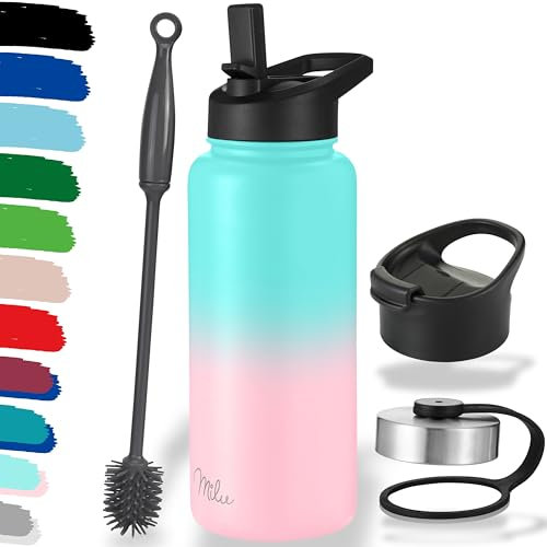 Milu Edelstahl Trinkflasche 500ml, 750ml, 1000ml (+3 Deckel) - Thermosflasche mit Strohhalm, Isolierte Wasserflasche, Auslaufsichere Isolierflasche doppelwandig, Kohlensäure geeignet (Mint Rosa, 1L)