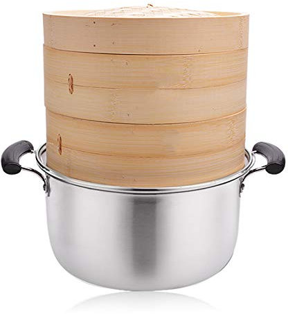 KELUNIS 10.6 Inch Bamboo Steamer Basket And 304 Stainless Steel Steam Pot Set, 3-Tier Dumpling Steamer with Lid, Great for Dim Sum, Chicken, Fish, Vegetables