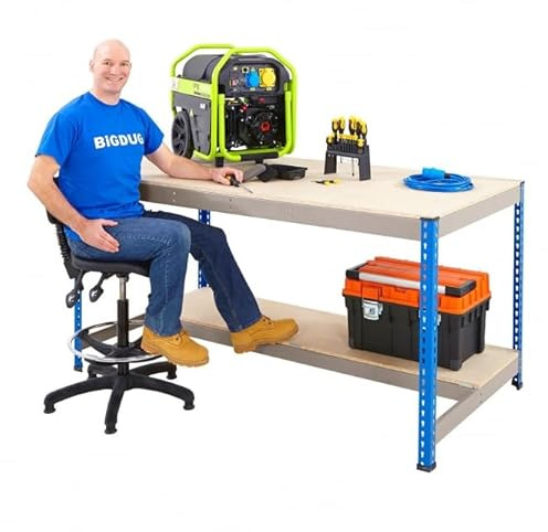 BiGDUG Industrial Garage Workbench - Chipboard Worktop for Workshop - Half Depth Lower Shelf - 400kg UDL - 915h x 1830w x 610d mm