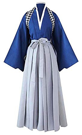 DJF Men's Kendo Hakama Aikido Japanese Samurai Costume Judo Martial Arts Uniform (Blue, L)