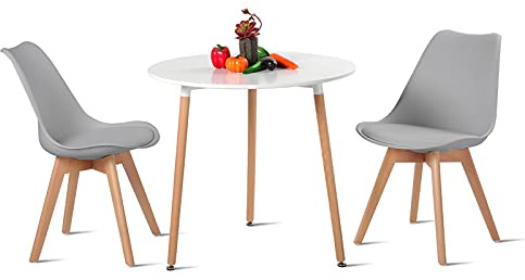H.J WeDoo Essgruppe mit 1 Tisch 2 Grau Stühle Holztisch und Skandinavisches Stuhl Esstisch Set für Esszimmer Küche Garten