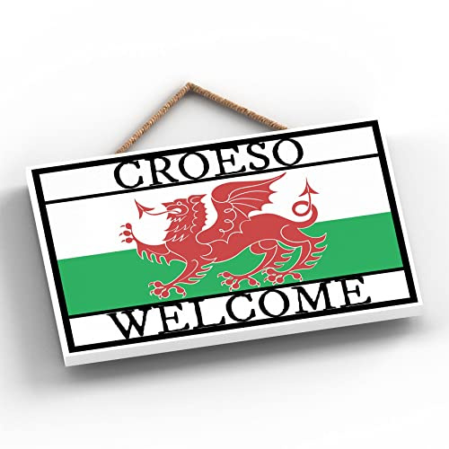 Global Designs Croeso Welcome Welsh Dragon Sign Welsh Flag Decorative Hanging Wooden Plaque
